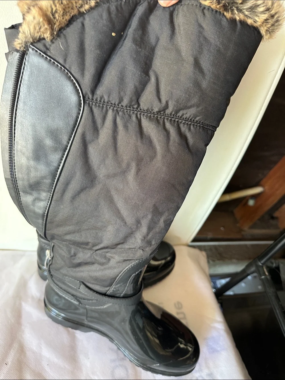 Santana Canada Black Quilted Knee-High Rain Boots with Fur Trim